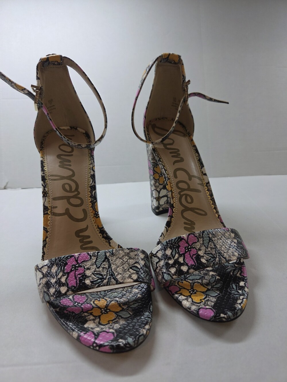 Sam Edelman Floral Snakeskin Print Block Heel Ankle Strap Sandals – Size 7
